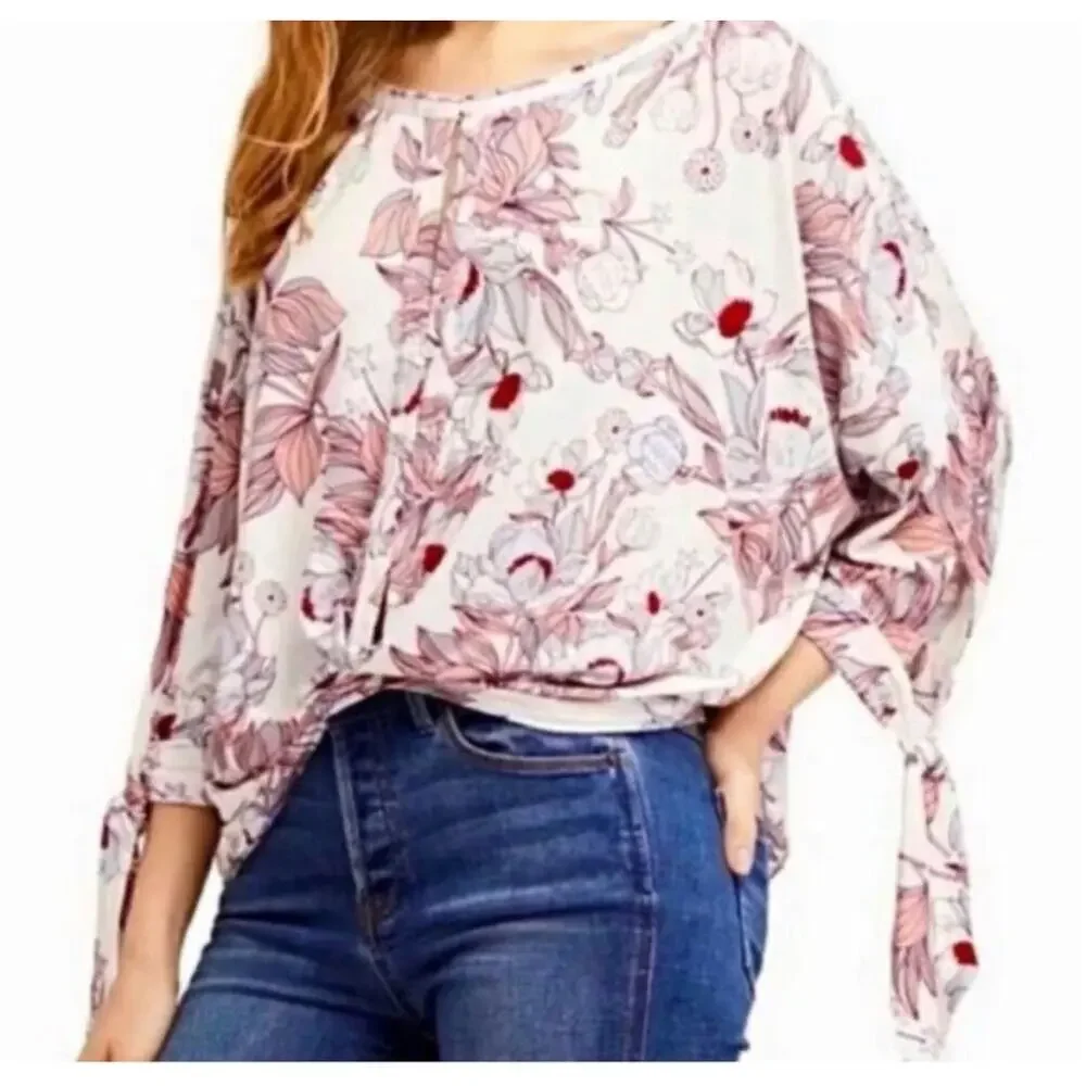 Free People Floral Print Tie Sleeve Slouch Blouse Lightweight Boho Pink White XS